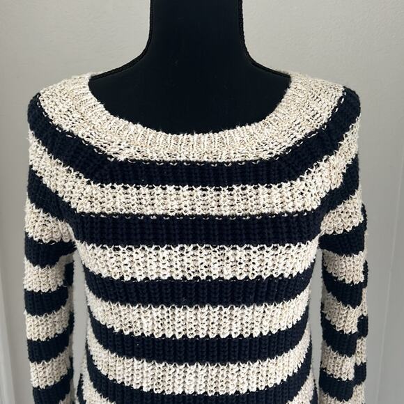 Ann Taylor Womens Stucco Knit Sweater Navy Winter White Stripe Cotton - S - Picture 2 of 10